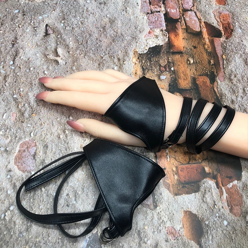 Gothic Lolita Women Gloves Sexy Non-Slip Palm Belt Up Leather Half Finger Gloves Lady Club Dacing Gloves Cosplay Bandage Black