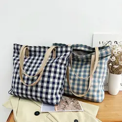 Canvas Tote Bag Gingham Plaid Reusable Grocery Handbag Shoulder Bag for Travel, Shopping, Weekend, Holiday Birthday Gift