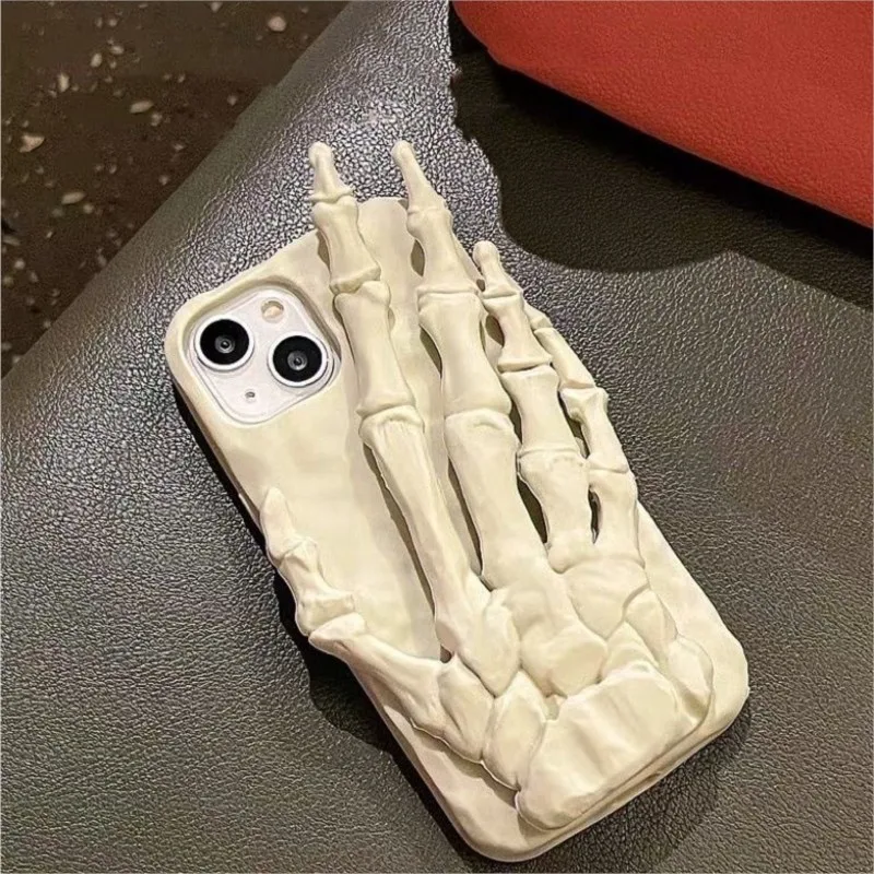 Luxus Halloween Skelett 3D Weiß Knochen Palm Silikon Soft Case Schutz für iPhone 16 15 13 12 11 14 Pro Max X Coque