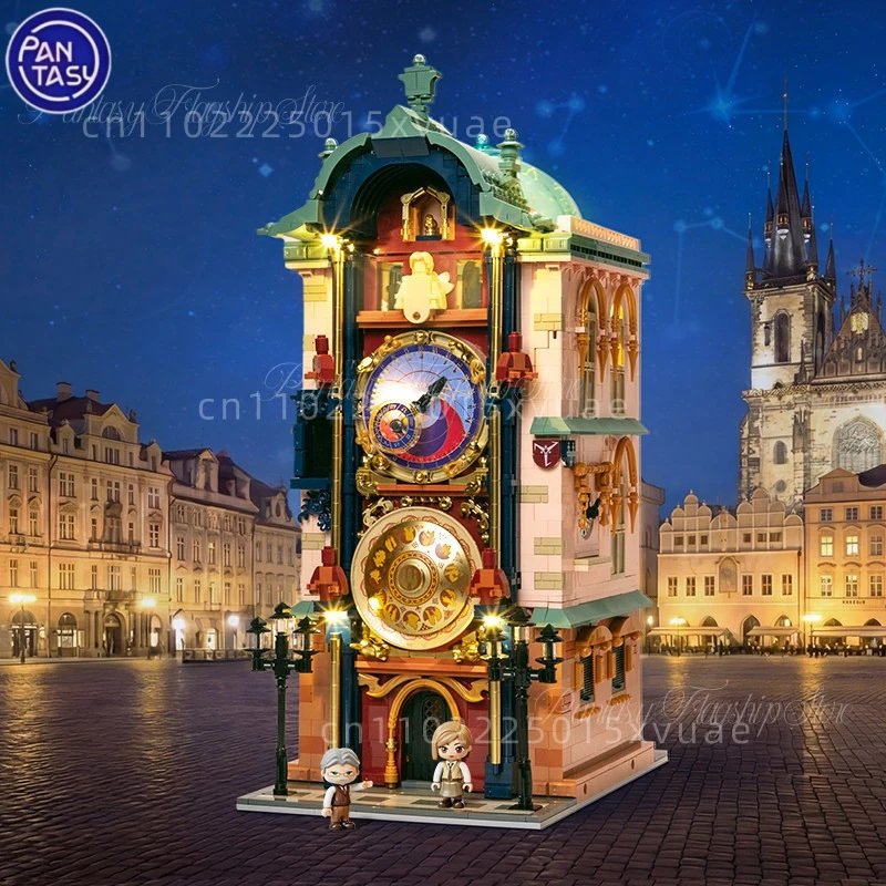 

New Pantasy Prague Astronomical Clock Building Blocks Street View with Lights Assembling Model Toys Collectible Decoration Gifts