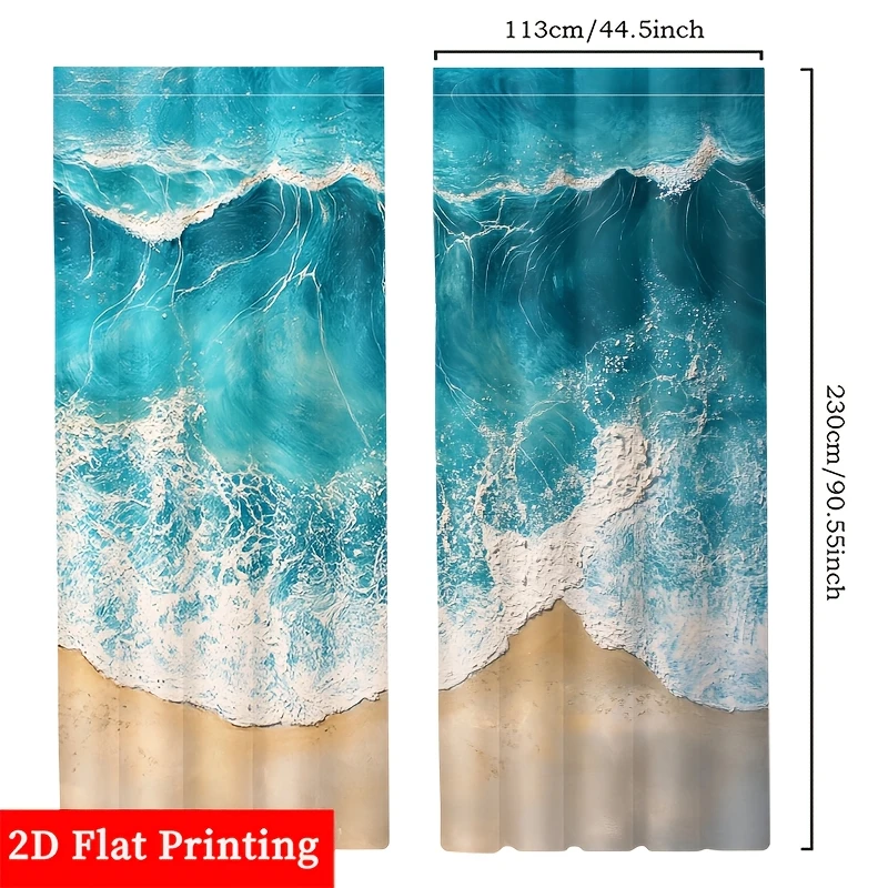 2pcs Decorative Blue Ocean Wave Printed Curtain Pair Coastal Beach Sea Print Room Window Curtains for Living Room Decor