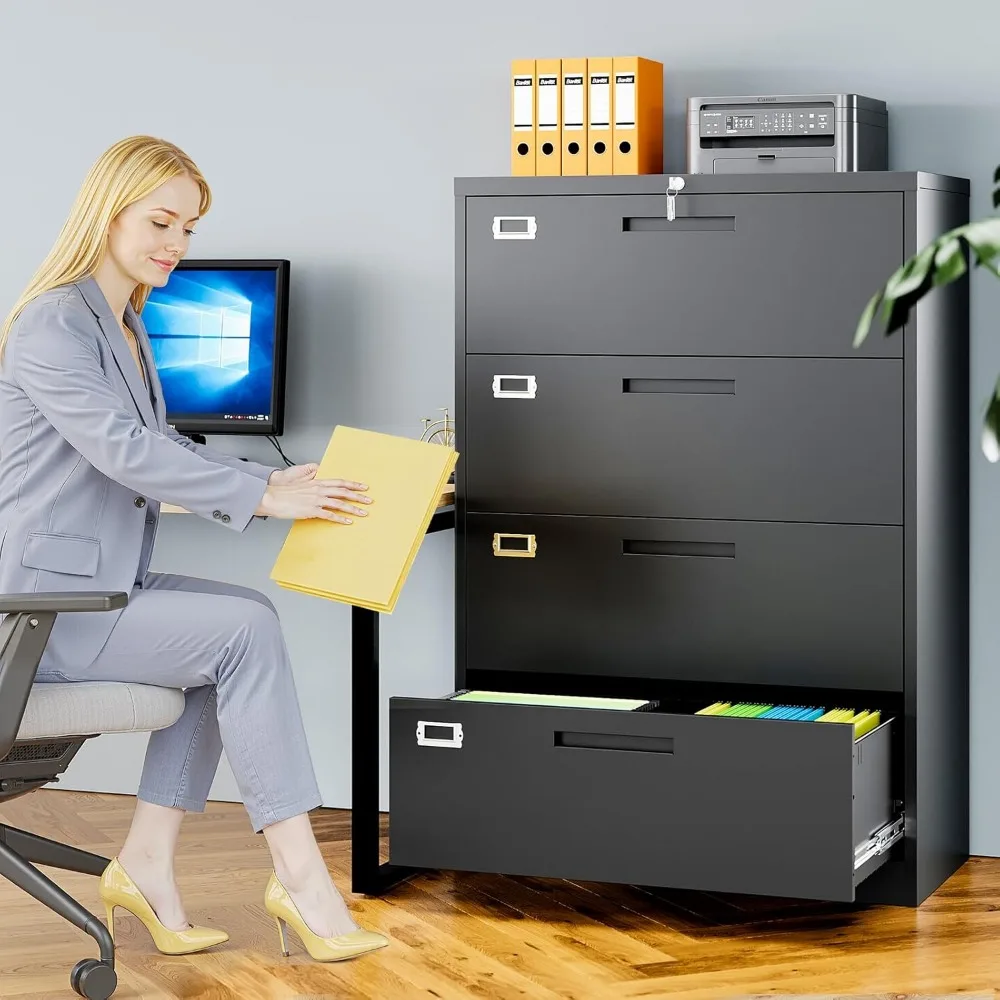 خزانة ملفات بأربعة أدراج بقفل معدني للمكتب المنزلي، حل تخزين أسود مع أمان وتنظيم