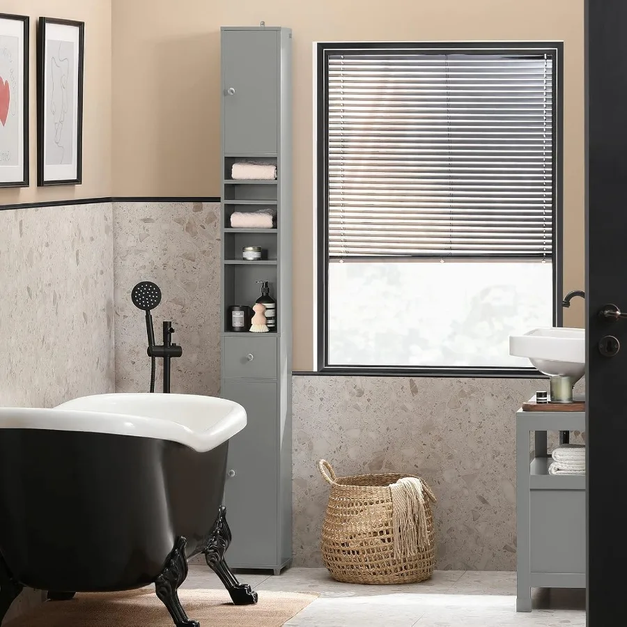 خزانة حمام ضيقة، وحدة طويلة نحيفة مع أرفف قابلة للتعديل، خزانة أرضية رفيعة مضادة للرأس، رمادي BZR34 #4