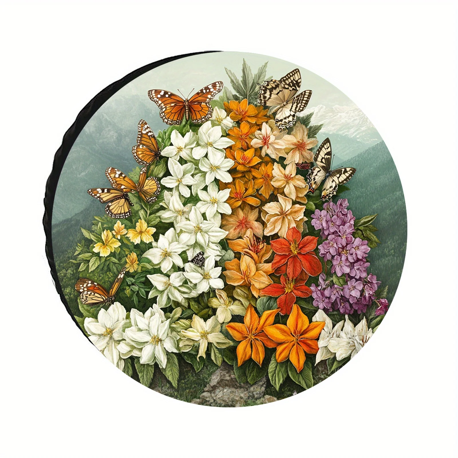 1pc 28-34 Inch Polyester Spare Tire Cover With Vibrant Floral And Butterfly Print Design, UV Resistant & Dustproof Wheel Protect