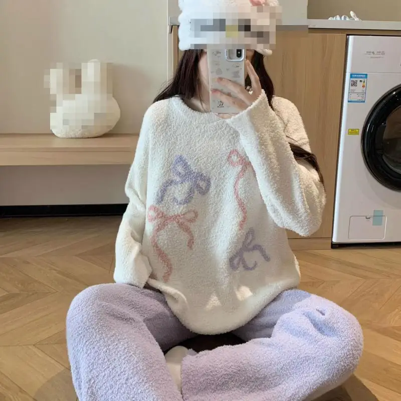 Sweet Lovely Women's Sleepwear Winter Thick Japanese Girls' Bow Tie Set Comfortable Home Clothes for Teenagers Soft Skin