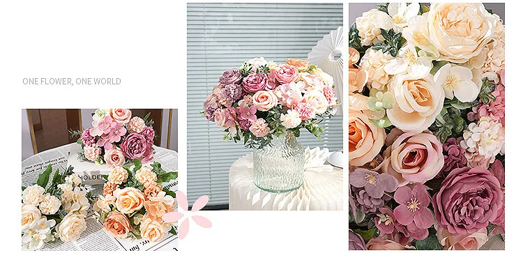 Künstliche Pfingstrose, Hortensien, rosa Rosen, Blumenstrauß, Seidenblumen für Hochzeit, Party, Blumenstrauß, gefälschte Blumenarrangements, Heimdekoration – Detail 14