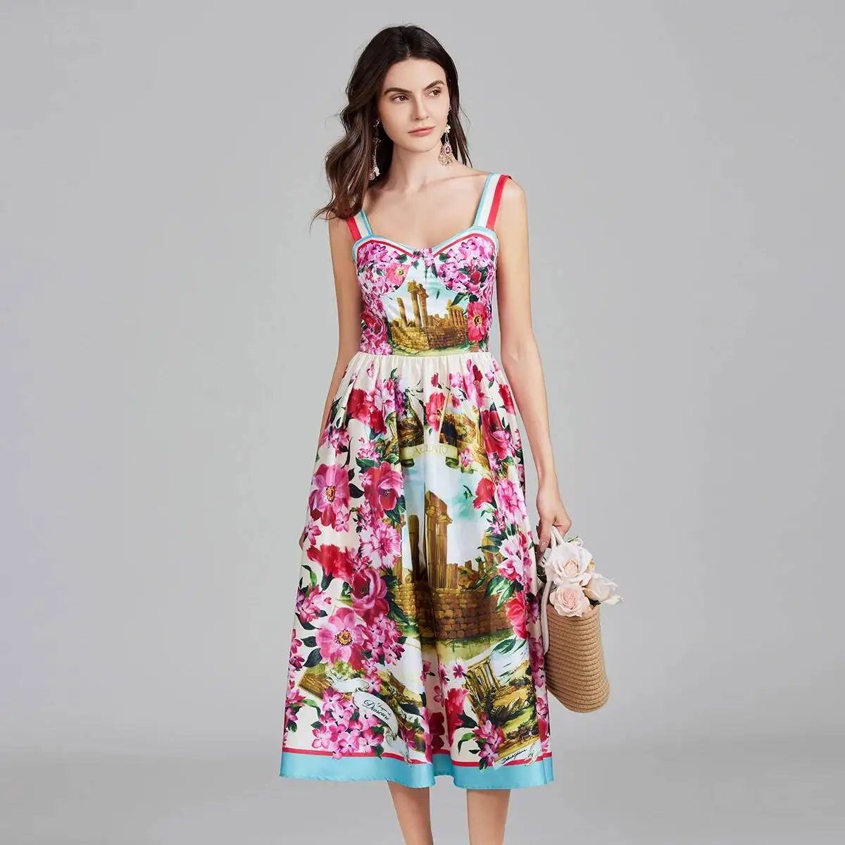 Designer Summer Autumn Holiday Print Floral Maxi Dress Shirt Women Party Long Evening Dresses Holiday Single Breasted Sleeve