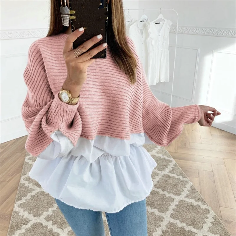 2023 Autumn and Winter New Loose Knitted Wool Stitching Four-sided Stretch Long-sleeved Multicolor Lace Pleated Top