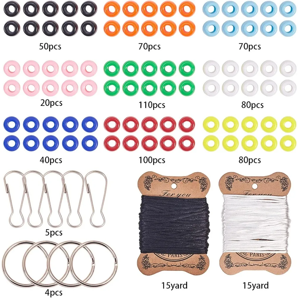 1 Box DIY 8Pairs 620Pcs Bead Pets Kit 8mm Large Pony Beads Assortment Box Set with Keyring & Key Clasp Polyester Cord making kit