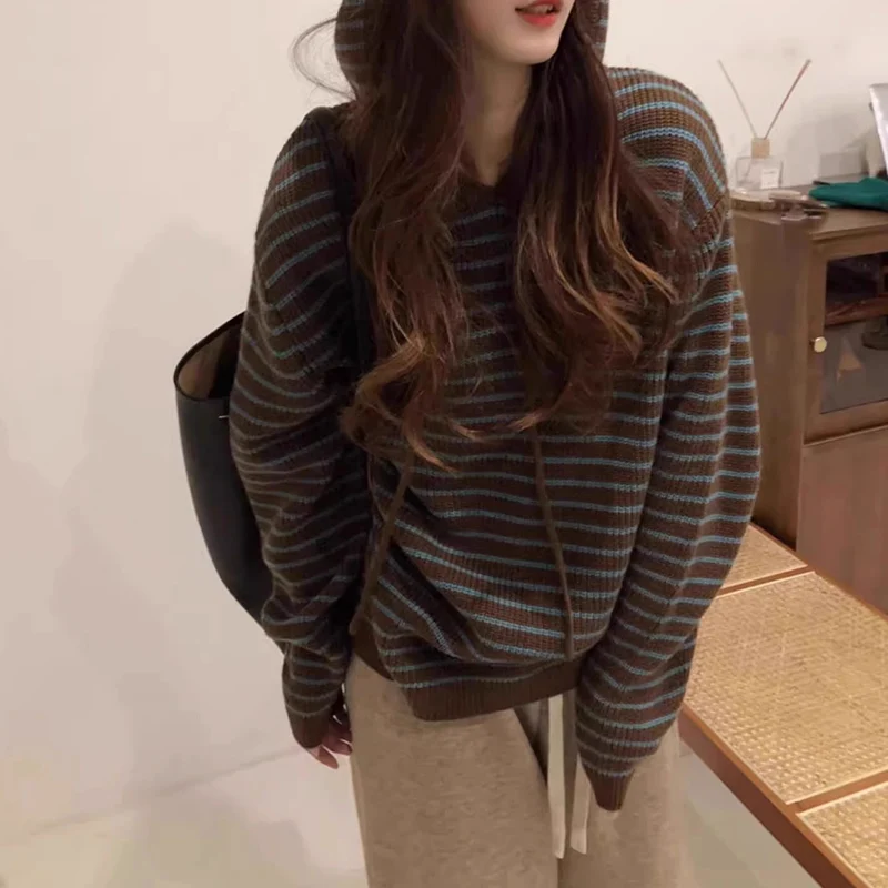 

Autumn Winter Women's Casual Loose Soft Lazy Knitted Hooded Vintage Striped Streetwear Long Sleeve Hoodies Sweatshirt