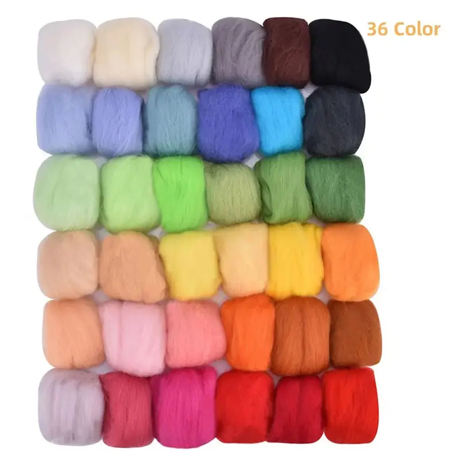 36 Colors Fiber Woolen Yarn, Wool Roving Needlework Wool Felting DIY Hand Spinning, Needlework Craft, 3g/Color