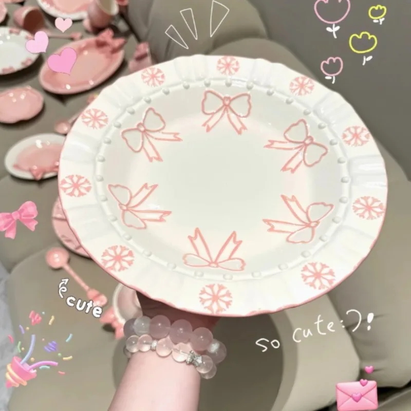 Popular bow hand-painted underglaze color relief three-dimensional ceramic dinner plate
