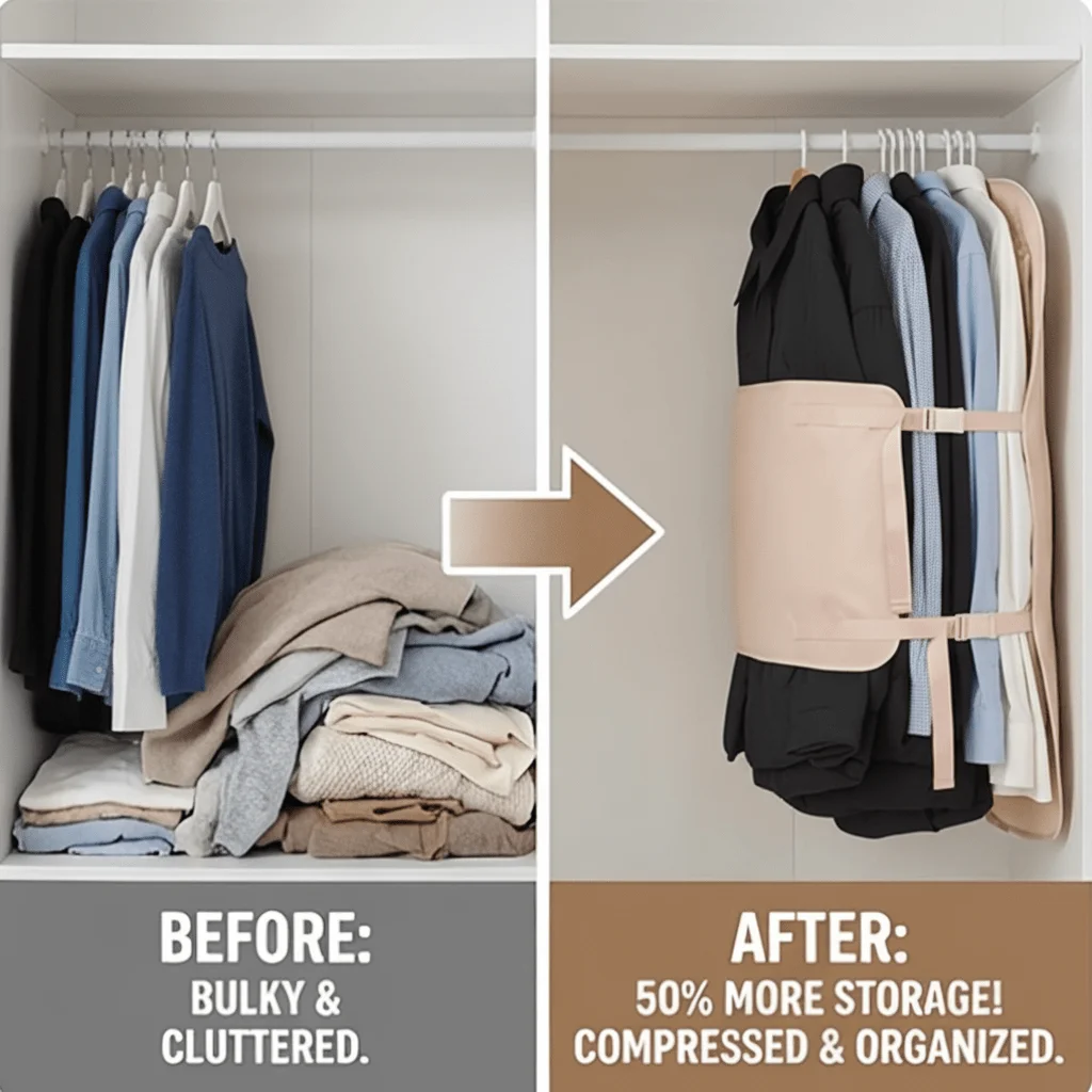 Foldable Compression Garment Hanger – Space-saving with Buttons for Down Jackets & Fabric Clothing, Wardrobe Organizer
