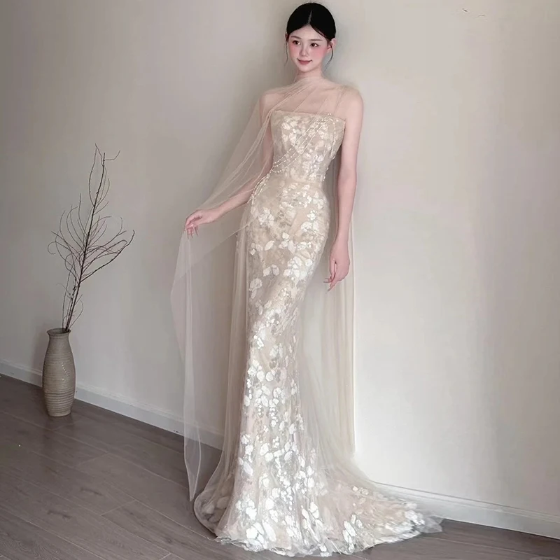 

Bridesmaid Long Evening Gown with Sling Fi Tail Engagement Par Wedding Dr Wine Offering Ceremony Morning Robe Women's ...