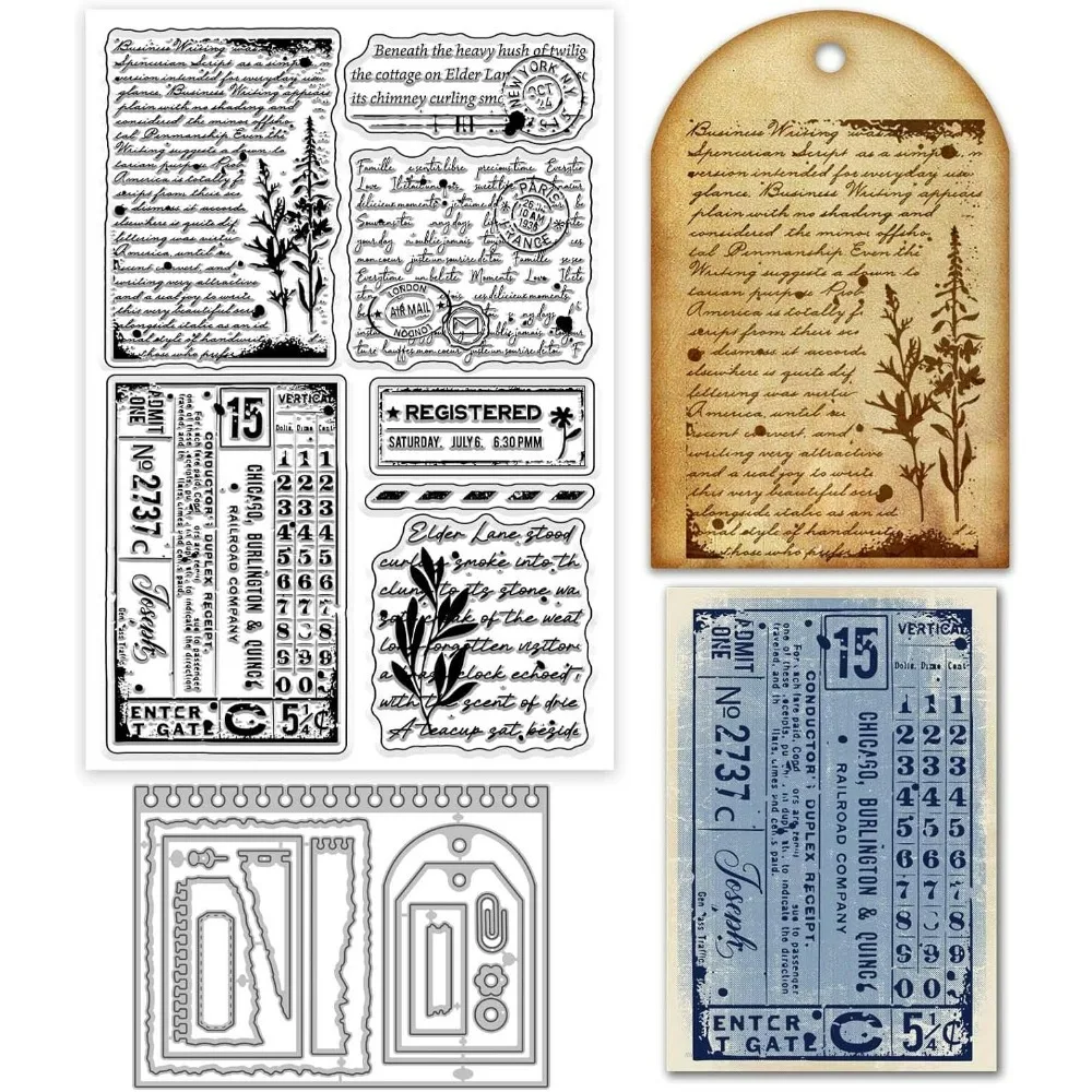 Transparenter Stempel- und Stanzformen-Set mit Vintage-Text-Hintergrund für die Kartenherstellung, Retro-Etikett, transparenter Stempel, zerrissener Rand, klebrig