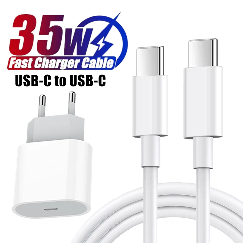 PD 35W USB C Fast EU US Charger for iPhone 15 Plus 15 Pro Max USB-C to Type-C Quick Charging Data Cable for Samsung Huawei OPPO