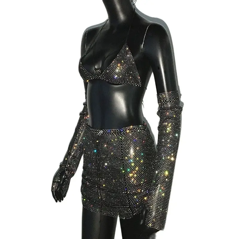 Shiny Rhinestones Women 3 Piece Sexy See Through Backless Crop Tops With Party Mini Skirt And Shiny Sleeve упальник женский