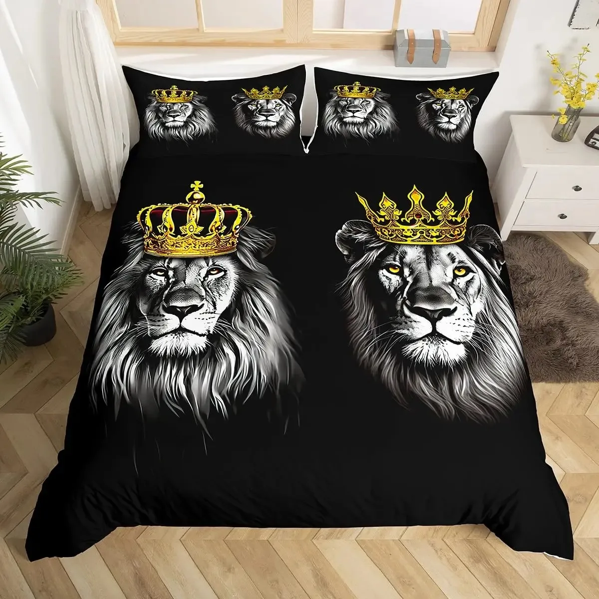 Lion Duvet Cover Set King Queen Hand Drawn Animal Bedding Set Graffiti Abstract Art Quilt Cover Wildlife Vintage Comforter Cover