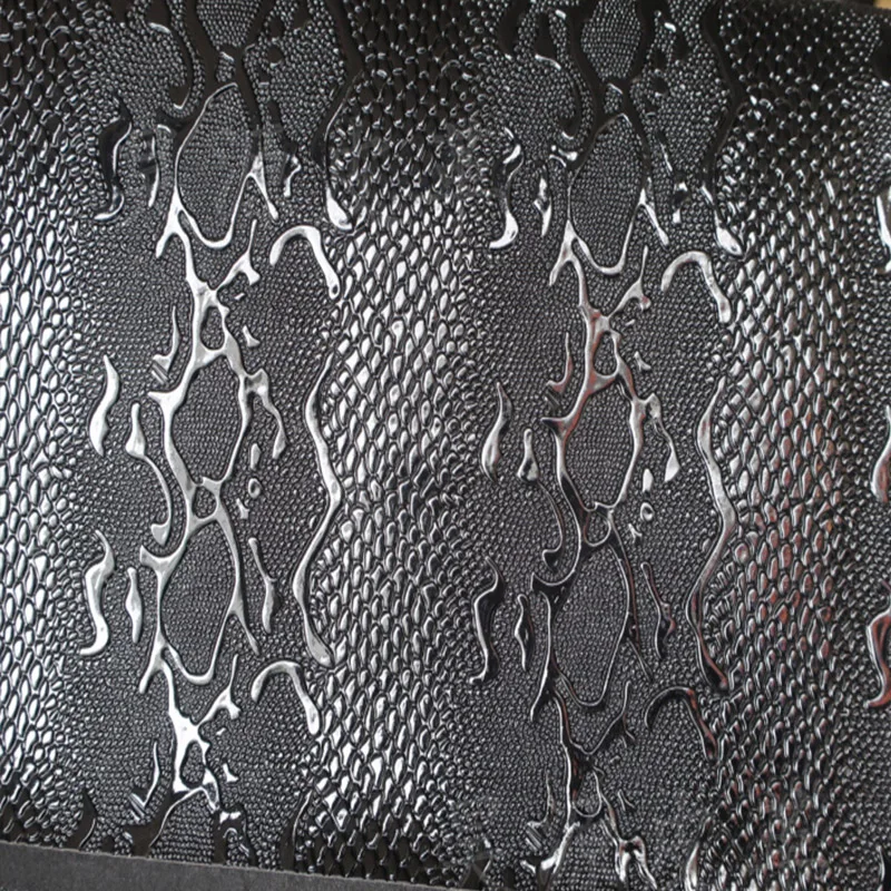 Good Black Bright 3D Snake Pattern Embossed Leather Fabric For Decoration Crafts Leather Fabric For DIY Luggage Handbags Sofa