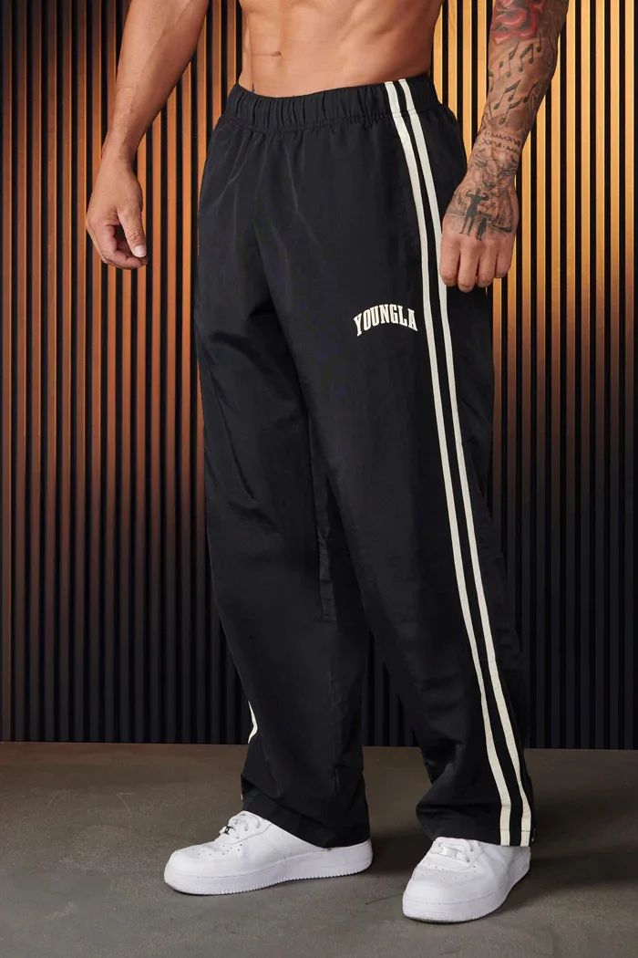 Men Double Side Stripe Quick Dry Wide Leg Track Pants Elastic Waist Straight Floor Length Gym Training Retro Loose Casual Sports