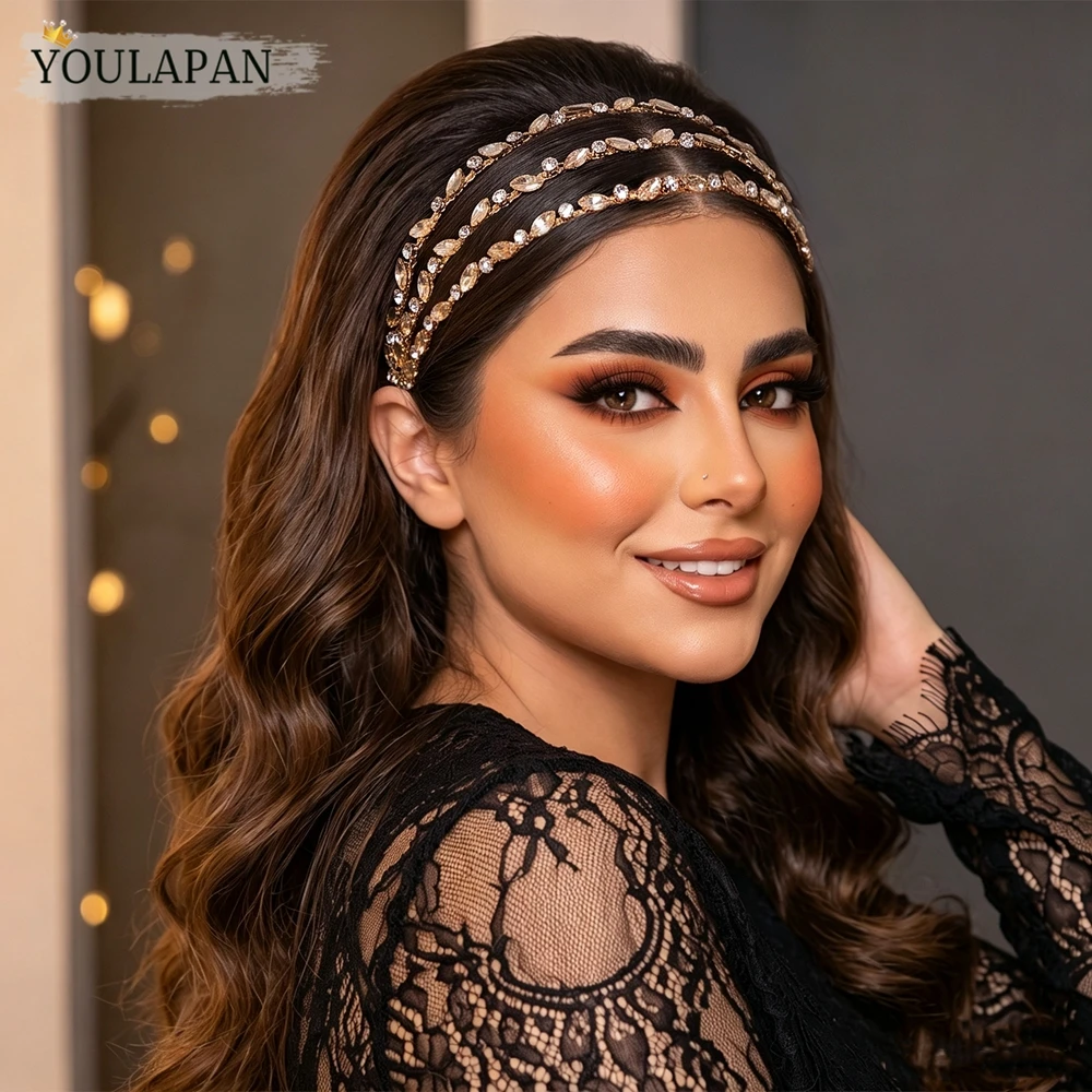 YouLaPan Multiple layers Rhinestone Bride Headband Champagne Color Cryatsl Wedding Head Hoop Hair Accessories Party Tiaras HP579