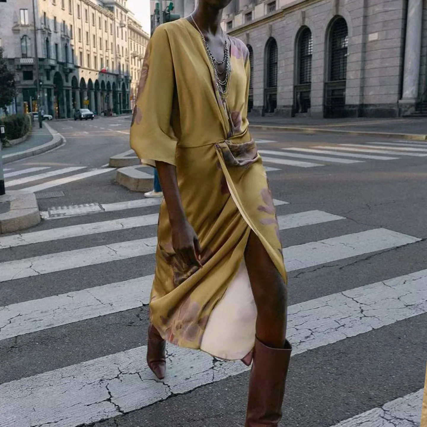 Ele Silk Satin Midi Dr Damen SLE Herbst 2025Z Casual Loose Fit Five Sve Damen Dr Daily Wear