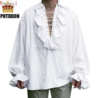 Medieval Mens Renaissance Costume Ruffled Shirts Long Sleeve Lace Up Steampunk Pirate Shirt Cosplay  Stage Costume for Women