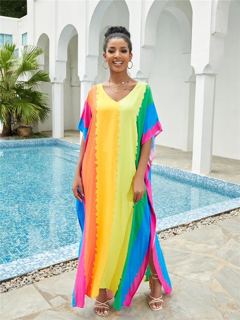 فضفاض بوهو الفراشة طباعة ماكسي فستان المرأة شاطئ تونك بيكيني التستر عادية حجم كبير النساء بحر قفطان الغطاء