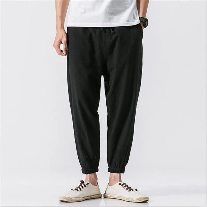 メンズ夏用綿麻ハーレムパンツ カジュアルルーズゴムウエスト足首丈無地トラウザーズ メンズパンツ