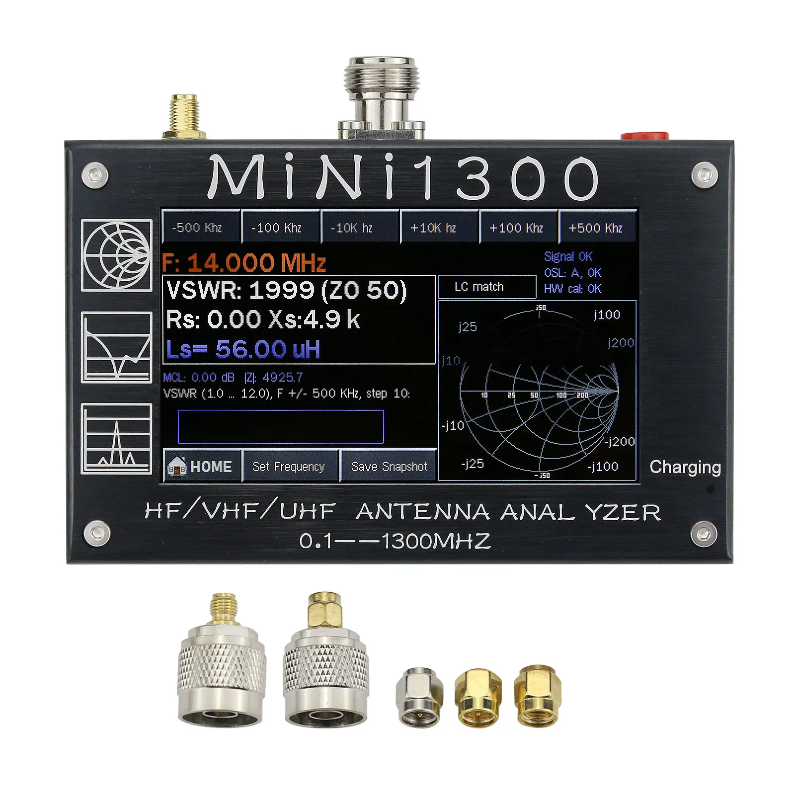 MINI1300 5V/1.5A HF VHF UHF Antenna Analyzer 0.1-1300MHZ Frequency Counter SWR Meter 0.1-1999 With 4.3