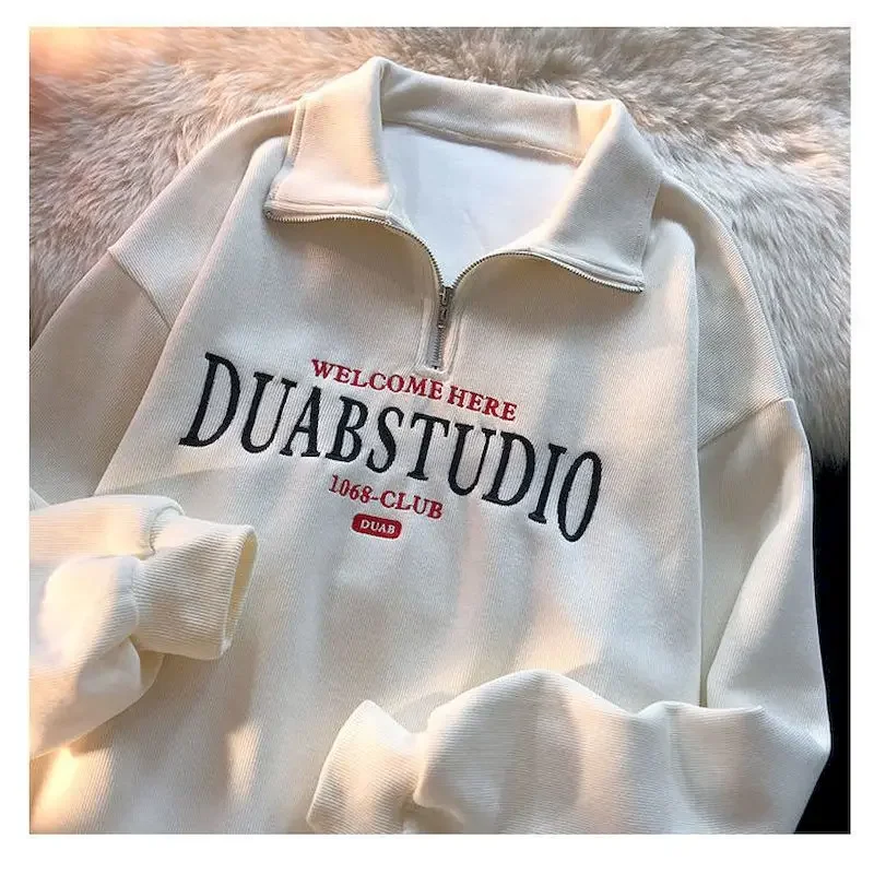 Womens Sweatshirt Retro Embroidery Letters Polo Stand-up Collar Pullover Women Autumn Loose High Street Niche Half Zipper Tops