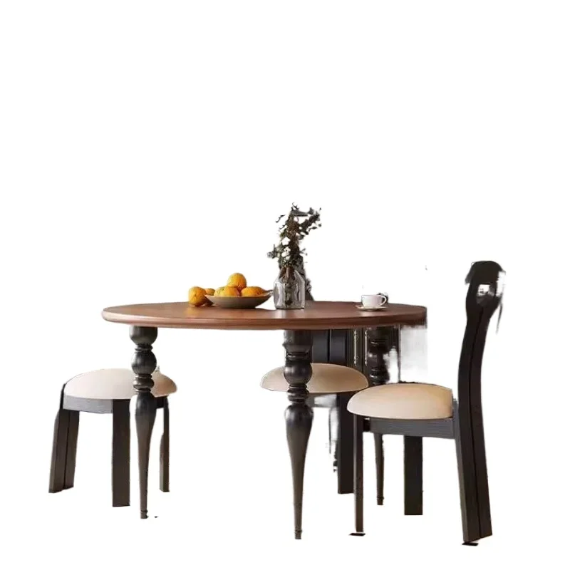

French medieval round all-solid wood dining table light luxury simple
