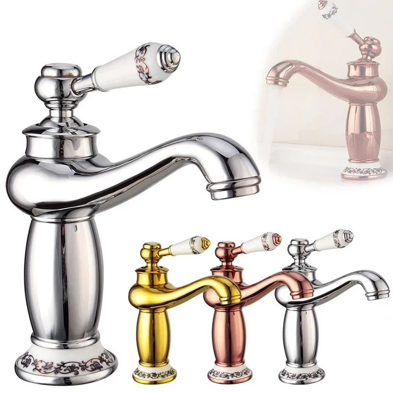 Retro European Bathroom Basin Faucets Gold Mixer Tap Ceramic Decoration Plating Chrome Single Handle Hot And Cold Deck Mounted