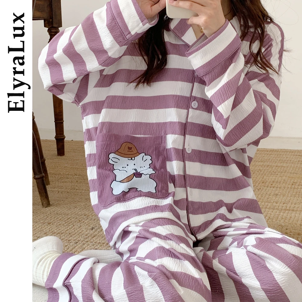 

ElyraLux Cute Purple Stripe Pajama Set for Women Crinkled Cotton Fabric Long Sleeve Sleepwear Comfortable Loungewear