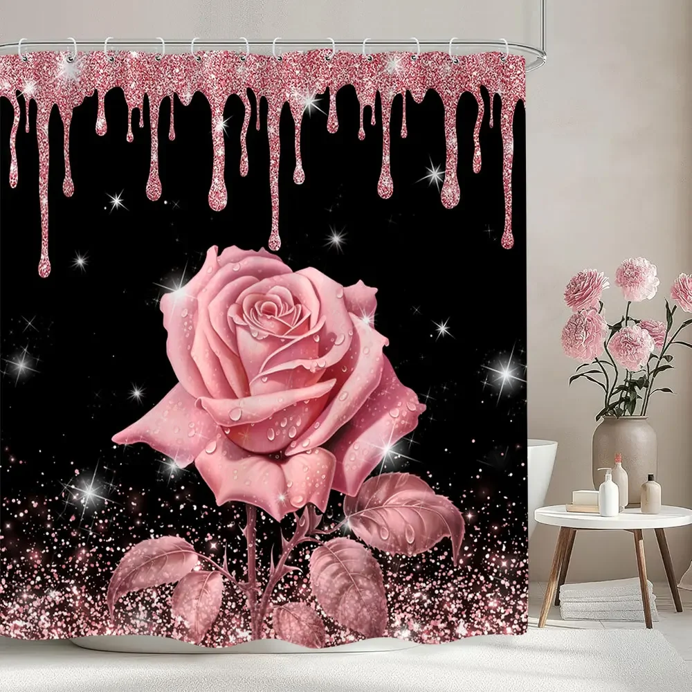 Pink Rose Shower Curtain Flower Pink Glitter Glitter Bathroom Curtains For Kids Girls and Adults Room Decor Fabric Bath Curtains