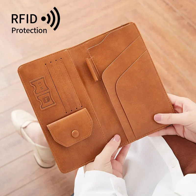 Cartera de pasaporte RFID para hombres y mujeres, Cartera de cuero PU, bolso de mano para teléfono, monedero delgado para tarjetas de viaje, Carpeta