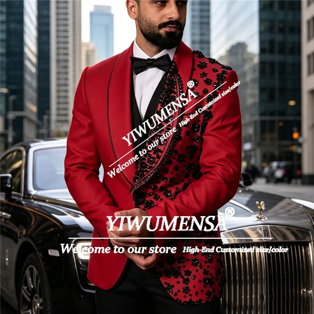 Exclusive  Suit Men For Wedding Black Jewelry Stones Ornament Jacket Trousers 2 Piece Sets Groom Tuxedos Customized Man Outfits