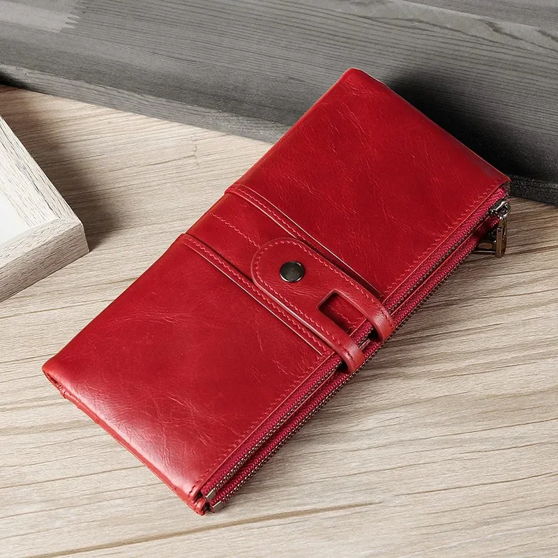 

RFID Wallets High Grade Oil Wax Leather Hasp Zipper Long Wallet Women Retro Lady Purse Female Wallets Card Holder Clutch