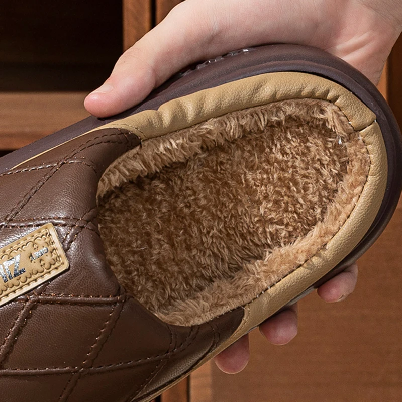 Herren-Plattform-Baumwoll-Hausschuhe aus PU-Leder, wasserdicht, rutschfest, Plüsch-Hausschuhe für Herren, bequem, weich, dicke Sohle, warme Slides – Detail 5
