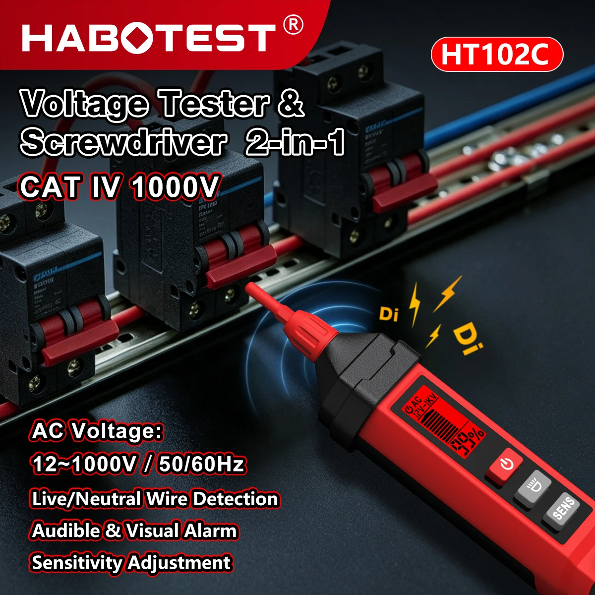 HABOTEST HT102C 12-1000V Test Pencil Multifunctional Voltage Tester NCV Live And Neutral Wire Judgment Audible And Visual Alarm