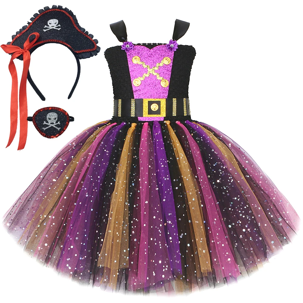 Sparkly Pirate Costumes for Girls Carnival Halloween Dresses for Kids Glittery Christmas Outfit Pirate Captain Child Clothes Set