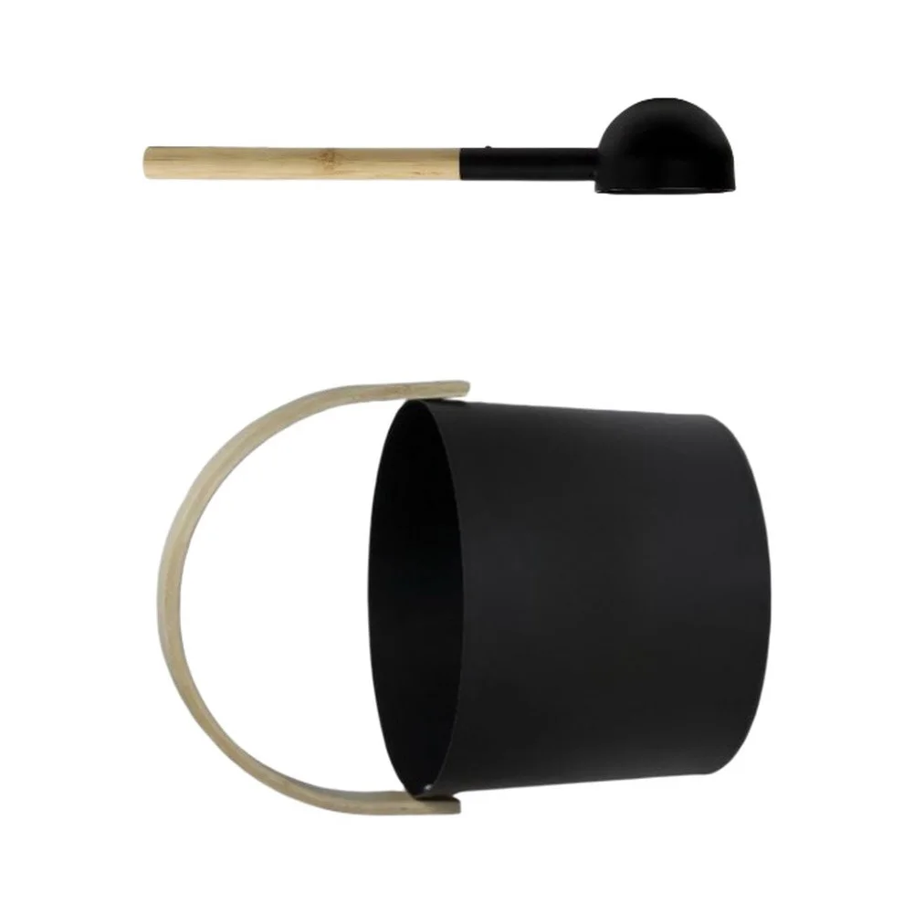 Wooden Handle Scoop Sauna Bucket Set For Creating Steam Aluminum Construction Heat Resistant Material Classic Black Finish