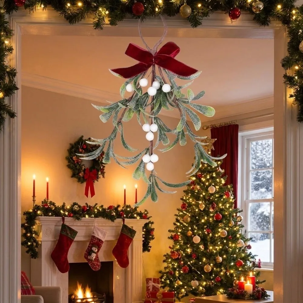 Lifelike Artificial Christmas Tree Wreath Red Berries Decorative Christmas Hanging Decor With Bowknot Artificial Pine Swag