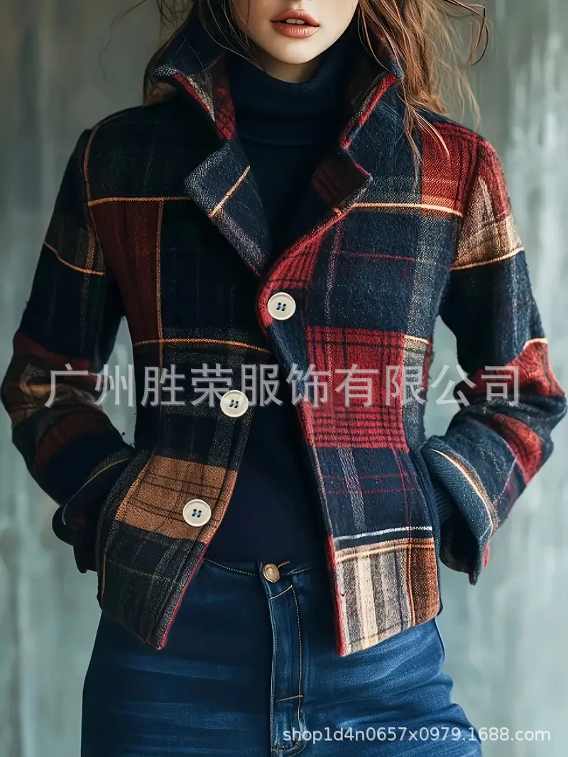 

Модная укороченная куртка на пуговицах с принтом в клетку, двубортная, с отложным воротником