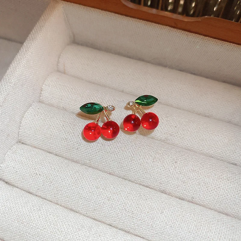 Sweet Rhinestone Glass Cherry Fruit Stud Earrings for Women Girl Exquisite Versatile Fashion Accessories