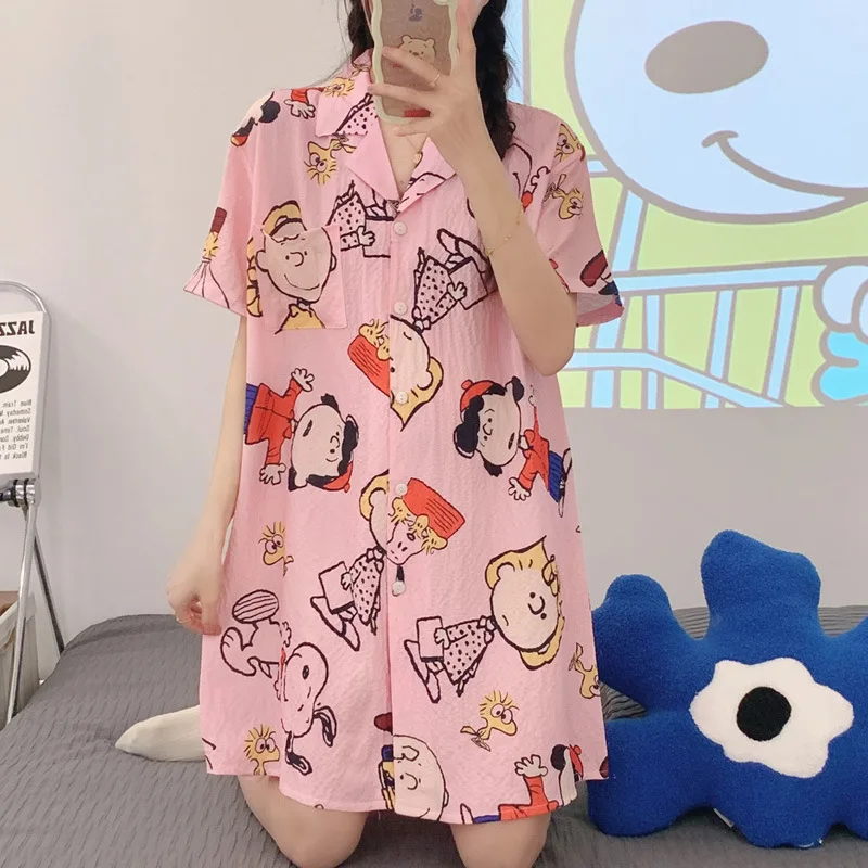 2024 Snoopy Nightgowns for Women Summer Long Shirt Sleepwear Cute Girls Pajamas Thin Home Costumes Pjs Casual T-shirt Gifts