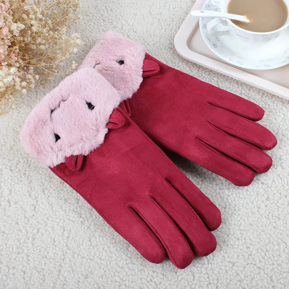 Windproof Warm Cycling Autumn And Winter Cat Plus Fleece Outdoor Suede Touch Screen Gloves Women Gloves Korean Style Mittens