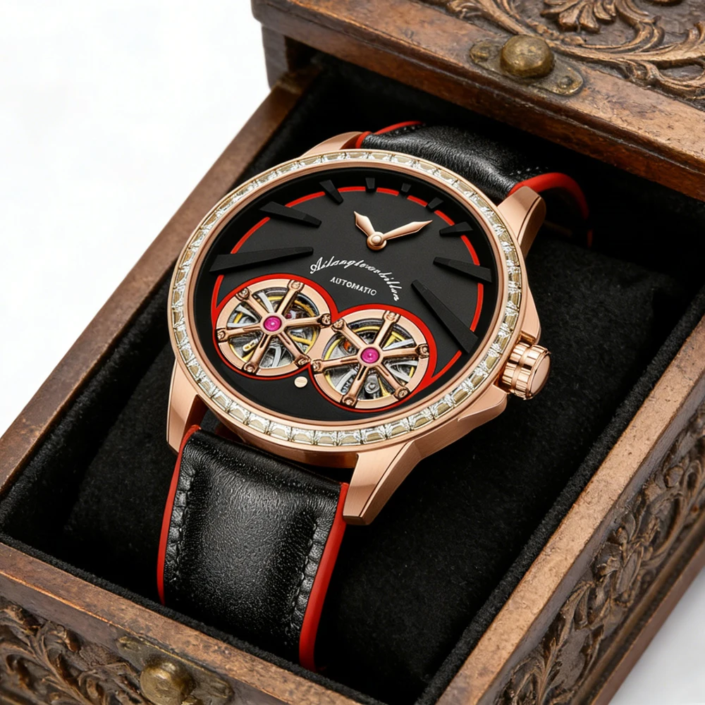 

Роскошные мужские механические часы с двойным турбийоном, модные, с кожаным ремешком, водонепроницаемые, с бриллиантовым безелем