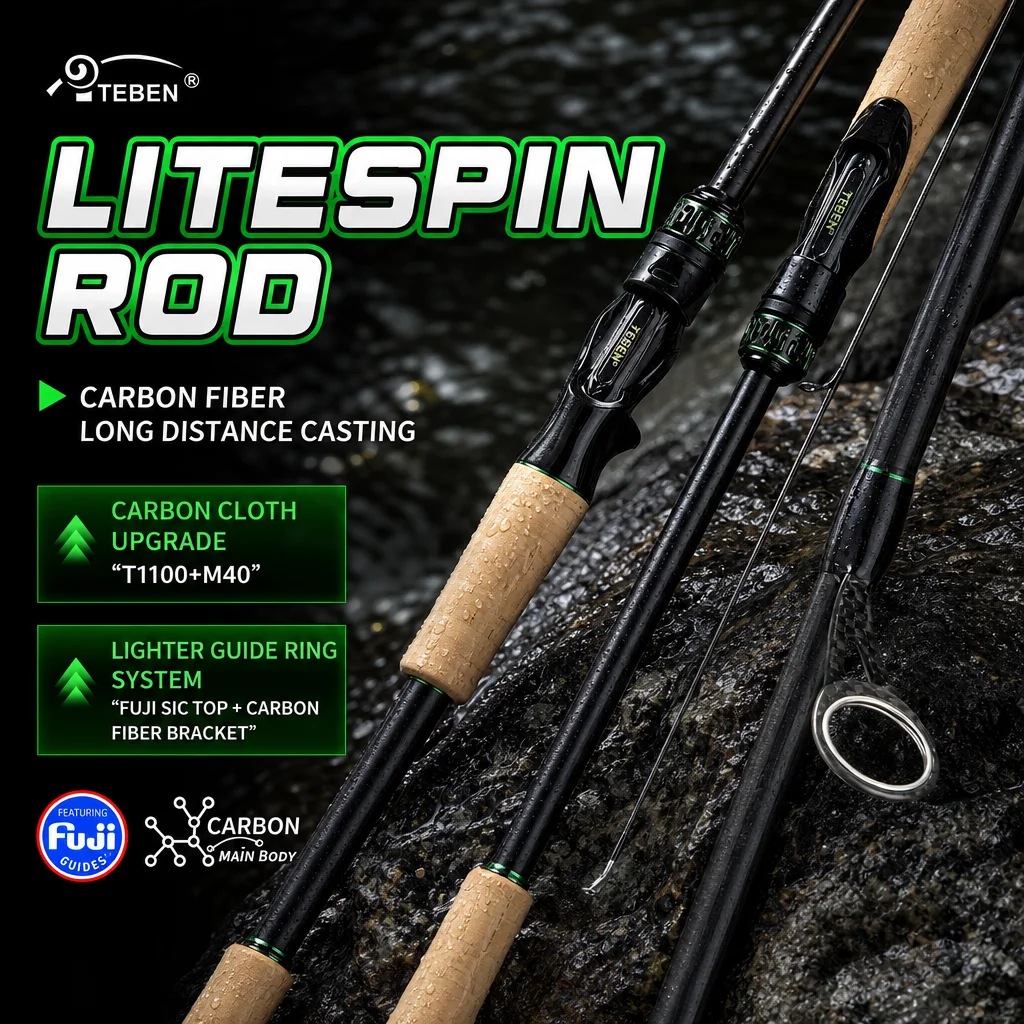 TEBEN Litespin Elite Lure Rod Carbon Reel Seat Sic Fuji Guide Ring Long Casting General Purpose For Bass Outdoor Fishing