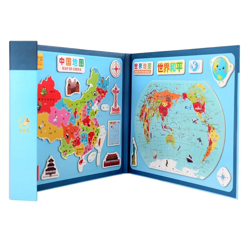 Puzzle magnétique de géographie éducatif pour enfants, style livre, Chine et monde, deux-en-un